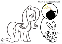 Size: 706x500 | Tagged: safe, artist:duckchip, edit, angel bunny, fluttershy, pegasus, pony, rabbit, g4, angel is a bunny bastard, animal, bomb, coloring page, female, folded wings, imgflip, mare, present, simple background, smiling, standing, text, this will end in death, this will end in tears, this will end in tears and/or death, weapon, white background, wings