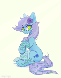 Size: 3534x4472 | Tagged: safe, artist:laymy, oc, oc only, oc:linum, earth pony, pony, abstract background, female, flower, flower in hair, glasses, green eyes, looking at you, mare, no pupils, signature, sitting, smiling, smiling at you, solo