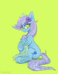 Size: 3534x4472 | Tagged: safe, artist:laymy, oc, oc only, oc:linum, earth pony, pony, female, flower, flower in hair, glasses, green background, green eyes, looking at you, mare, no pupils, signature, simple background, sitting, smiling, smiling at you, solo