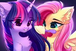 Size: 4932x3300 | Tagged: safe, artist:airiniblock, fluttershy, twilight sparkle, pegasus, pony, unicorn, rcf community, brush, brushing mane, cheek fluff, chest fluff, cute, duo, duo female, ear fluff, eye clipping through hair, eyebrows, eyebrows visible through hair, female, gradient background, hairbrush, high res, horn, looking at someone, mare, mouth hold, purple eyes, shyabetes, smiling, spread wings, teal eyes, teeth, twiabetes, unicorn twilight, wings