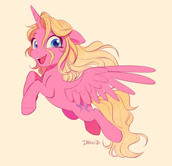 Size: 2082x2019 | Tagged: safe, artist:imalou, oc, oc only, alicorn, pony, alicorn oc, female, flying, happy, high res, horn, looking at you, mare, smiling, spread wings, wings