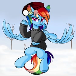 Size: 2000x2000 | Tagged: safe, artist:thieftea, rainbow dash, pegasus, pony, g4, clothes, colored hooves, colored pinnae, eye clipping through hair, eyebrows, eyebrows visible through hair, female, flying, high res, looking at you, mare, rainbow ears, snow, snowball, solo, spread wings, sweater, wings, winter, winter hat
