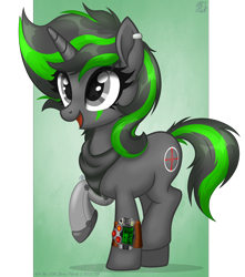 Size: 3168x3580 | Tagged: safe, alternate version, artist:108-zeroforce, artist:starshade, oc, oc only, oc:steady shot, pony, unicorn, fallout equestria, g4, 2021, amputee, bandana, base used, commission, cute, face paint, female, gray body, gray eyes, green background, high res, horn, mare, metal leg, piercing, pipbuck, prosthetic leg, prosthetic limb, prosthetics, raised leg, simple background, smiling, solo, starry eyes, unicorn oc, wingding eyes, ych result