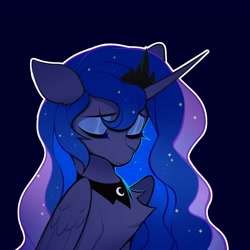 Size: 3000x3000 | Tagged: safe, artist:vensual99, princess luna, alicorn, pony, g4, blue background, bust, chest fluff, ear fluff, eyes closed, female, floppy ears, high res, mare, portrait, sad, simple background, solo