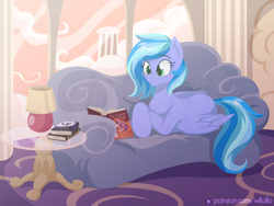 Size: 1600x1200 | Tagged: safe, artist:willoillo, oc, oc only, oc:azure notion, pegasus, pony, fanfic:the enchanted library, book, cloud house, commission, couch, female, lamp, mare, reading, solo, table