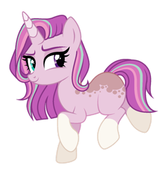 Size: 1024x1091 | Tagged: safe, artist:teal-quil, oc, oc only, pony, unicorn, coat markings, eyelashes, female, heterochromia, horn, looking sideways, magical lesbian spawn, mare, offspring, parent:fluttershy, parent:twilight sparkle, parents:twishy, simple background, smiling, socks (coat markings), solo, tail, transparent background, unicorn oc
