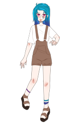 Size: 2438x3746 | Tagged: safe, artist:idkhesoff, derpibooru exclusive, izzy moonbow, human, g5, anklet, barefoot, clothes, feet, female, high res, humanized, jewelry, overalls, sandals, shirt, shorts, simple background, solo, suspenders, t-shirt, transparent background