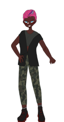 Size: 2090x3954 | Tagged: safe, artist:idkhesoff, derpibooru exclusive, zipp storm, human, g5, boots, camouflage, clothes, dark skin, grin, high res, hoodie, humanized, midriff, nonbinary, pants, shoes, simple background, sleeveless, sleeveless hoodie, smiling, socks, solo, sports bra, sweatpants, transparent background
