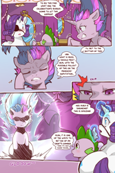 Size: 960x1440 | Tagged: safe, artist:cold-blooded-twilight, rarity, spike, twilight sparkle, dragon, pony, unicorn, cold blooded twilight, comic:cold storm, g4, angry, carousel boutique, comic, dialogue, eyepatch, eyes closed, eyeshadow, female, glowing, glowing horn, gritted teeth, horn, magic, magic aura, makeup, mare, messy mane, mirror, open mouth, sitting, speech bubble, unicorn twilight, vein, vein bulge, wide eyes, wide hips