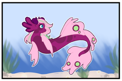 Size: 1280x854 | Tagged: safe, artist:catastrophe-witch, oc, oc only, seapony (g4), blue eyes, dorsal fin, female, fish tail, flowing tail, ocean, open mouth, pink mane, sand, seaweed, solo, swimming, tail, underwater, water