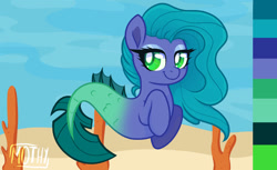 Size: 1280x782 | Tagged: safe, artist:galleryofazul, oc, oc only, merpony, blue mane, colored pupils, coral, dorsal fin, eyelashes, female, fish tail, flowing mane, flowing tail, green eyes, looking at you, ocean, signature, solo, swimming, tail, underwater, water