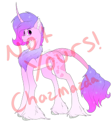 Size: 3432x3732 | Tagged: safe, artist:chazmazda, twilight, oc, oc only, pony, unicorn, adoptable, chest fluff, colored, countershading, curved horn, flat colors, fluffy, full body, hail, high res, hoof fluff, hooves, horn, long hair, obtrusive watermark, outline, sale, short hair, signature, simple background, slender, smiling, solo, standing, thin, transparent background, unicorn oc, unshorn fetlocks, watermark