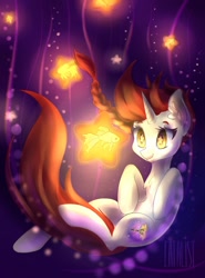 Size: 946x1280 | Tagged: safe, artist:kamikifox, oc, oc only, fish, goldfish, pony, unicorn, bubble, chest fluff, commission, digital art, ear fluff, eyelashes, flowing mane, flowing tail, glowing, horn, red mane, smiling, solo, tail, underwater, water, wingding eyes, ych result, yellow eyes