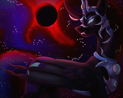Size: 3201x2560 | Tagged: safe, artist:flabight568, nightmare moon, alicorn, pony, g4, bat wings, blood moon, blue eyes, blue mane, blue tail, colored pupils, curved horn, ethereal mane, eyeshadow, fangs, female, flowing mane, flowing tail, helmet, high res, horn, makeup, moon, moonlight, peytral, sharp teeth, smiling, solo, starry mane, stars, tail, teeth, wings
