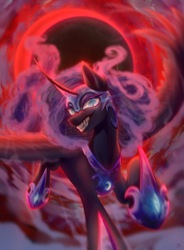 Size: 3929x5340 | Tagged: safe, artist:mian1205, nightmare moon, alicorn, pony, absurd resolution, blood moon, blue eyes, blue mane, blue tail, colored pupils, contest entry, curved horn, ethereal mane, evil grin, eyelashes, fangs, feather, female, flowing mane, flowing tail, flying, grin, helmet, hoof shoes, horn, looking at you, moon, moonlight, sharp teeth, signature, smiling, smiling at you, solo, starry mane, stars, tail, teeth, wings