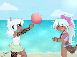 Size: 1899x1400 | Tagged: safe, artist:arwencuack, cloudchaser, flitter, human, g4, alternate hairstyle, ball, beach, bikini, blushing, bow, bracelet, clothes, commission, dark skin, duo, ear piercing, earring, female, hair bow, humanized, jewelry, midriff, ocean, open mouth, piercing, sand, siblings, sisters, sports bra, swimsuit, tankini, tattoo, twins, water