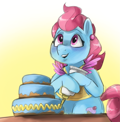Size: 1795x1840 | Tagged: safe, artist:smirk, cup cake, earth pony, semi-anthro, g4, apron, arm hooves, cake, clothes, ear piercing, female, food, frosting, looking up, mare, piercing, solo