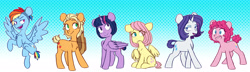 Size: 6546x1876 | Tagged: safe, artist:chub-wub, applejack, fluttershy, pinkie pie, rainbow dash, rarity, twilight sparkle, alicorn, earth pony, pegasus, pony, unicorn, g4, alternate hairstyle, applejack's hat, bobcut, cowboy hat, female, hat, mane six, mare, twilight sparkle (alicorn)