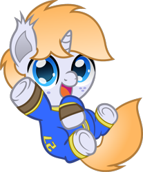 Size: 947x1143 | Tagged: safe, artist:spellboundcanvas, oc, oc only, pony, unicorn, clothes, colt, commission, cute, fallout, jumpsuit, male, simple background, solo, transparent background, vault suit, ych result