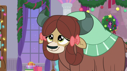 Size: 1280x720 | Tagged: safe, screencap, yona, yak, g4, the hearth's warming club, christmas, cute, decoration, holiday, present, smiling, solo, yonadorable