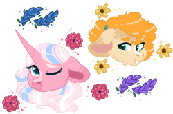 Size: 2573x1697 | Tagged: safe, artist:moccabliss, clear sky, pear butter, earth pony, pony, g4, bust, flower, portrait, simple background, white background
