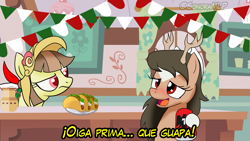 Size: 1280x720 | Tagged: safe, artist:archooves, edit, oc, oc:sonorita, oc:tailcoatl, earth pony, pegasus, pony, alcohol, beer, blushing, drunk, food, heat, kitchen, mexican, mexico, nation ponies, party, ponified, spanish, taco