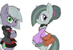 Size: 1024x701 | Tagged: safe, artist:a.s.e, limestone pie, marble pie, earth pony, semi-anthro, g4, angry, arm hooves, clothes, collar, duo, duo female, female, hair bun, hair over one eye, looking at you, nervous, shoulder bag, simple background, white background