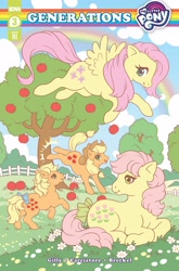 Size: 1349x2048 | Tagged: safe, artist:celesse, artist:samantha whitten, idw, applejack, applejack (g1), fluttershy, posey, earth pony, pegasus, pony, g1, g4, my little pony: generations, spoiler:comic, spoiler:comicgenerations03, cottagecore, cover, duality, g4 to g1, generation leap, generational ponidox