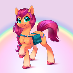 Size: 900x900 | Tagged: safe, artist:scarlet-spectrum, sunny starscout, earth pony, pony, g5, badge, bag, cute, female, looking at you, mare, rainbow, raised hoof, saddle bag, satchel, smiling, smiling at you, solo, sunnybetes, unshorn fetlocks