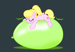 Size: 1314x920 | Tagged: safe, artist:nxzc88, oc, oc only, oc:lola balloon, earth pony, pony, balloon, balloon riding, eyes closed, female, gray background, lying down, mare, onomatopoeia, party balloon, ponytail, prone, show accurate, simple background, smiling, solo, squeak, that pony sure does love balloons