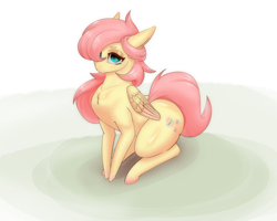 Size: 1500x1197 | Tagged: safe, artist:inkypuso, fluttershy, pegasus, pony, g4, chest fluff, female, folded wings, hair over one eye, looking at you, mare, sitting, solo, three quarter view, wings