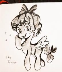 Size: 883x1024 | Tagged: safe, artist:fipoki, cozy glow, pegasus, pony, g4, cozybetes, cute, female, filly, pencil drawing, solo, stars, the tower, traditional art