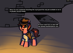 Size: 1129x818 | Tagged: safe, artist:neuro, oc, oc only, earth pony, pony, clothes, dialogue, explorer outfit, female, hat, looking at you, mare, open mouth, ponybooru import, smiling, solo, tomb