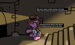 Size: 1176x705 | Tagged: safe, artist:neuro, oc, oc only, earth pony, pony, clothes, dialogue, explorer outfit, eyes closed, female, flashlight (object), headlamp, holding, implied anon, lever, mare, open mouth, ponybooru import, sitting, smiling, solo, stairs, tomb