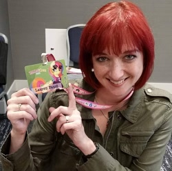 Size: 1080x1070 | Tagged: safe, oc, oc:golden gates, human, babscon, babscon 2016, babscon mascots, badge, con badge, irl, irl human, lauren faust, looking at you, photo, smiling, smiling at you