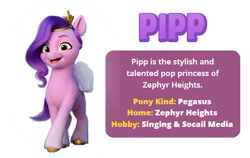 Size: 538x341 | Tagged: safe, pipp petals, pegasus, pony, g5, character introduction, error, misspelling, solo