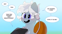 Size: 2048x1148 | Tagged: safe, artist:mochi_nation, oc, oc only, oc:silver bolt, earth pony, pony, cellphone, dialogue, offscreen character, phone, smartphone, solo focus, speech bubble