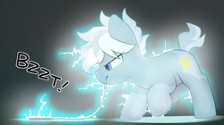 Size: 2048x1148 | Tagged: safe, artist:mochi_nation, oc, oc only, oc:silver bolt, earth pony, pony, cellphone, charging, electricity, female, mare, mouth hold, phone, smartphone, solo, this will end in explosions