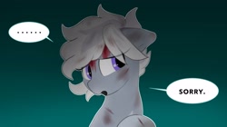 Size: 2048x1148 | Tagged: safe, artist:mochi_nation, oc, oc only, oc:silver bolt, earth pony, pony, ..., blood, bust, dialogue, gradient background, injured, singed, solo, speech bubble, this ended in explosions