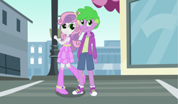 Size: 4000x2328 | Tagged: safe, artist:3d4d, artist:pinkiespartygirl, artist:thecheeseburger, spike, sweetie belle, equestria girls, g4, clothes, converse, female, high res, hoodie, human spike, male, ship:spikebelle, shipping, shoes, straight