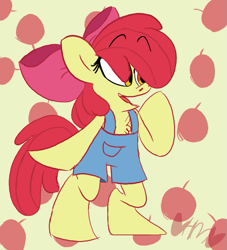 Size: 725x800 | Tagged: safe, artist:mirabuncupcakes15, apple bloom, earth pony, semi-anthro, g4, apple, arm hooves, bipedal, chest fluff, clothes, female, filly, food, overalls, solo