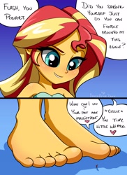 Size: 2300x3153 | Tagged: safe, artist:ameliacostanza, flash sentry, sunset shimmer, equestria girls, g4, bare shoulders, barefoot, feet, female, fetish, foot fetish, foot focus, giantess, high res, macro, micro, shrunken, sleeveless, strapless