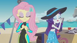 Size: 3410x1920 | Tagged: safe, screencap, fluttershy, rarity, crab, equestria girls, equestria girls series, g4, too hot to handle, beach, clothes, eyes closed, female, fluttershy's wetsuit, geode of fauna, geode of shielding, hairpin, hat, high res, jewelry, magical geodes, necklace, open mouth, rarity's blue sarong, rarity's purple bikini, sarong, sleeveless, smiling, sun hat, swimsuit, wetsuit