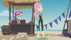 Size: 3410x1920 | Tagged: safe, screencap, fluttershy, rainbow dash, equestria girls, equestria girls series, g4, too hot to handle, beach, clothes, eyes closed, female, geode of super speed, high res, jewelry, magical geodes, necklace, sleeveless, smiling, swimsuit, thumbs up, wetsuit