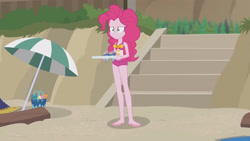 Size: 3410x1920 | Tagged: safe, screencap, pinkie pie, equestria girls, equestria girls series, g4, too hot to handle, barefoot, beach, clothes, feet, female, high res, hotfoot, one-piece swimsuit, pinkie pie swimsuit, sleeveless, solo, swimsuit