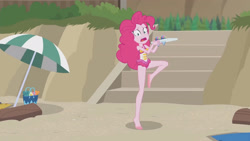 Size: 3410x1920 | Tagged: safe, screencap, pinkie pie, equestria girls, equestria girls series, g4, too hot to handle, barefoot, beach, clothes, feet, female, geode of sugar bombs, high res, hotfoot, jewelry, magical geodes, necklace, one-piece swimsuit, open mouth, pinkie pie swimsuit, sleeveless, solo, swimsuit