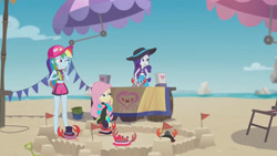 Size: 3410x1920 | Tagged: safe, screencap, fluttershy, rainbow dash, rarity, crab, equestria girls, equestria girls series, g4, too hot to handle, beach, clothes, female, fluttershy's wetsuit, geode of fauna, geode of shielding, geode of super speed, high res, jewelry, magical geodes, necklace, one eye closed, open mouth, rarity's purple bikini, sandals, sleeveless, swimsuit, wetsuit