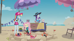 Size: 3410x1920 | Tagged: safe, screencap, fluttershy, rainbow dash, rarity, crab, equestria girls, equestria girls series, g4, too hot to handle, beach, clothes, eyes closed, female, fluttershy's wetsuit, geode of fauna, geode of shielding, geode of super speed, high res, jewelry, magical geodes, necklace, one eye closed, open mouth, rarity's purple bikini, sandals, sleeveless, swimsuit, wetsuit