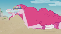 Size: 3410x1920 | Tagged: safe, screencap, pinkie pie, equestria girls, equestria girls series, g4, too hot to handle, beach, clothes, faceplant, female, high res, one-piece swimsuit, pinkie pie swimsuit, sleeveless, solo, swimsuit
