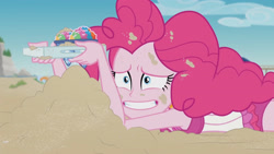 Size: 3410x1920 | Tagged: safe, screencap, pinkie pie, equestria girls, equestria girls series, g4, too hot to handle, beach, clothes, female, grin, high res, nailed it, one-piece swimsuit, pinkie pie swimsuit, sleeveless, smiling, solo, swimsuit